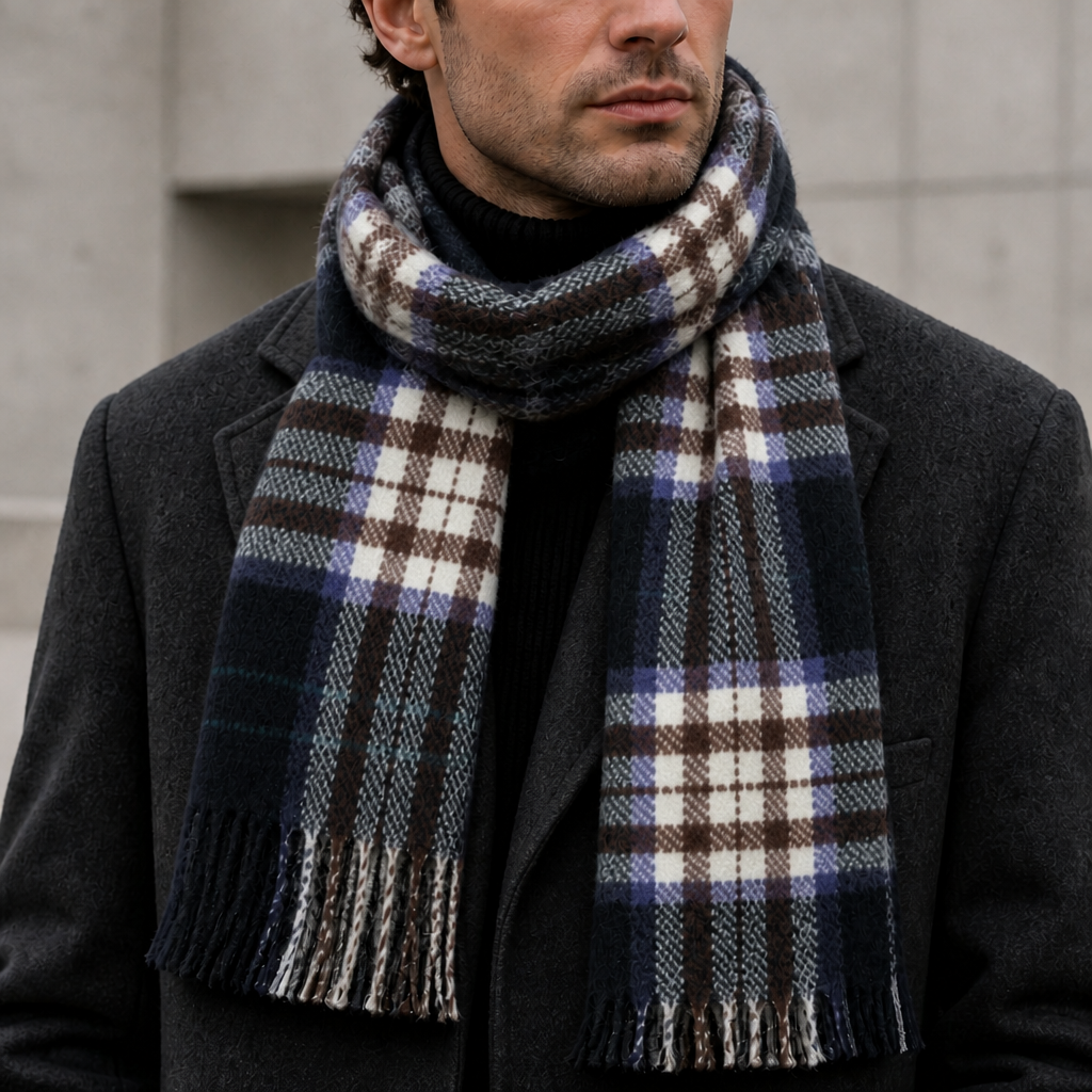 Grande Écharpe Homme à Carreaux Tartan et Franges coloris bleu, portée par un homme