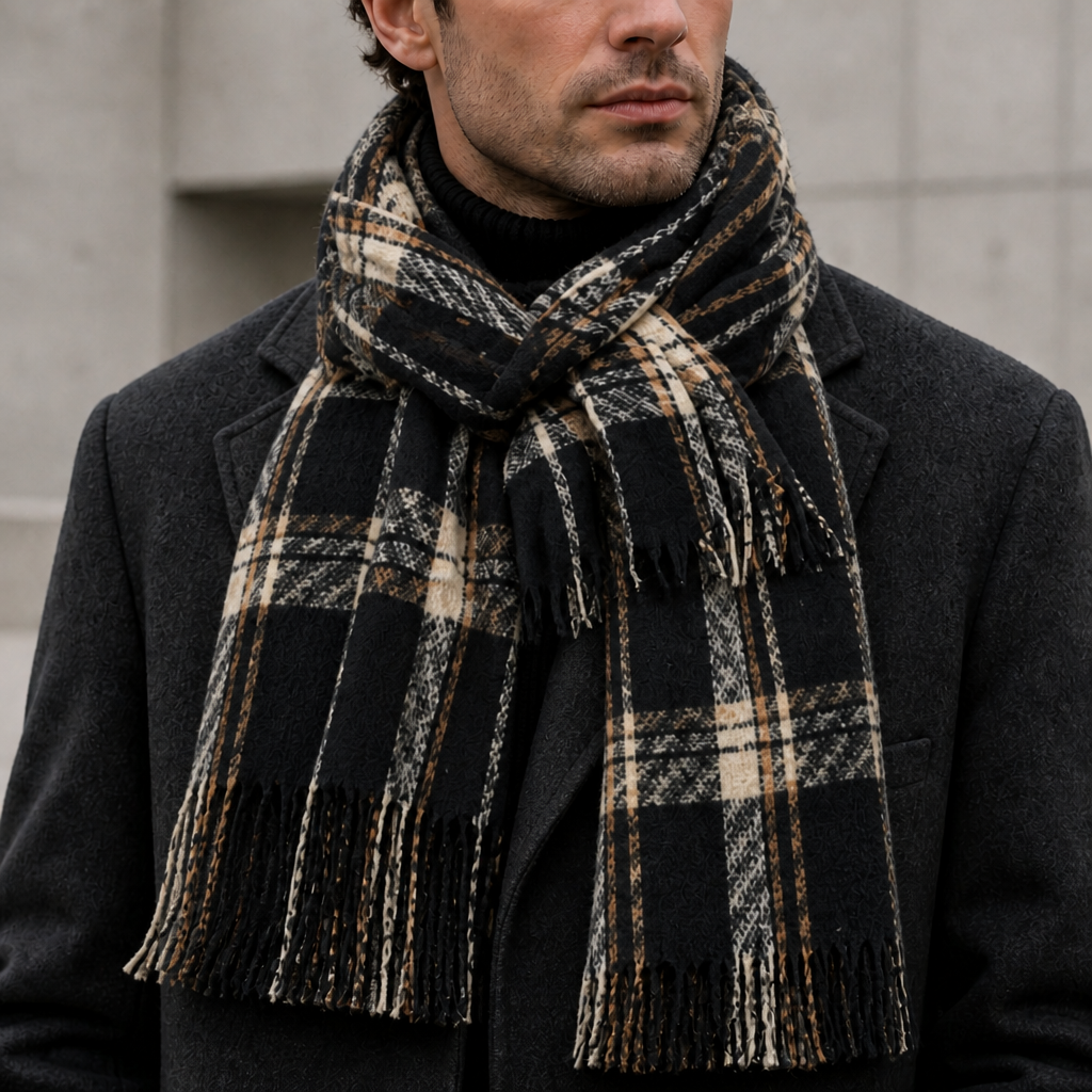 Grande Écharpe Homme à Carreaux Tartan et Franges coloris noir, portée par un homme