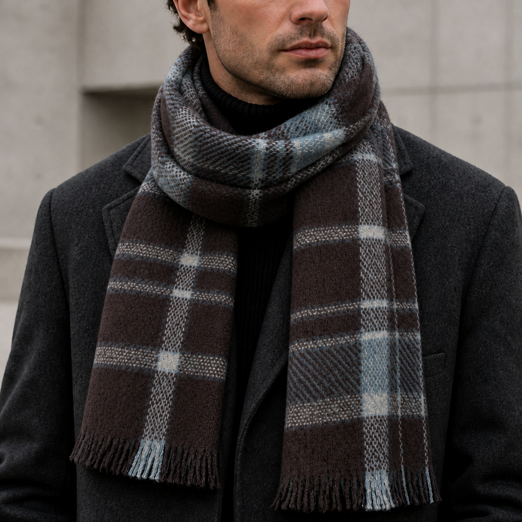 Grande Écharpe Homme à Carreaux Tartan et Franges coloris marron, portée par un homme