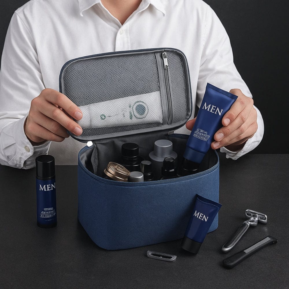 Grande trousse toilette homme ouverte compartiments produits soin