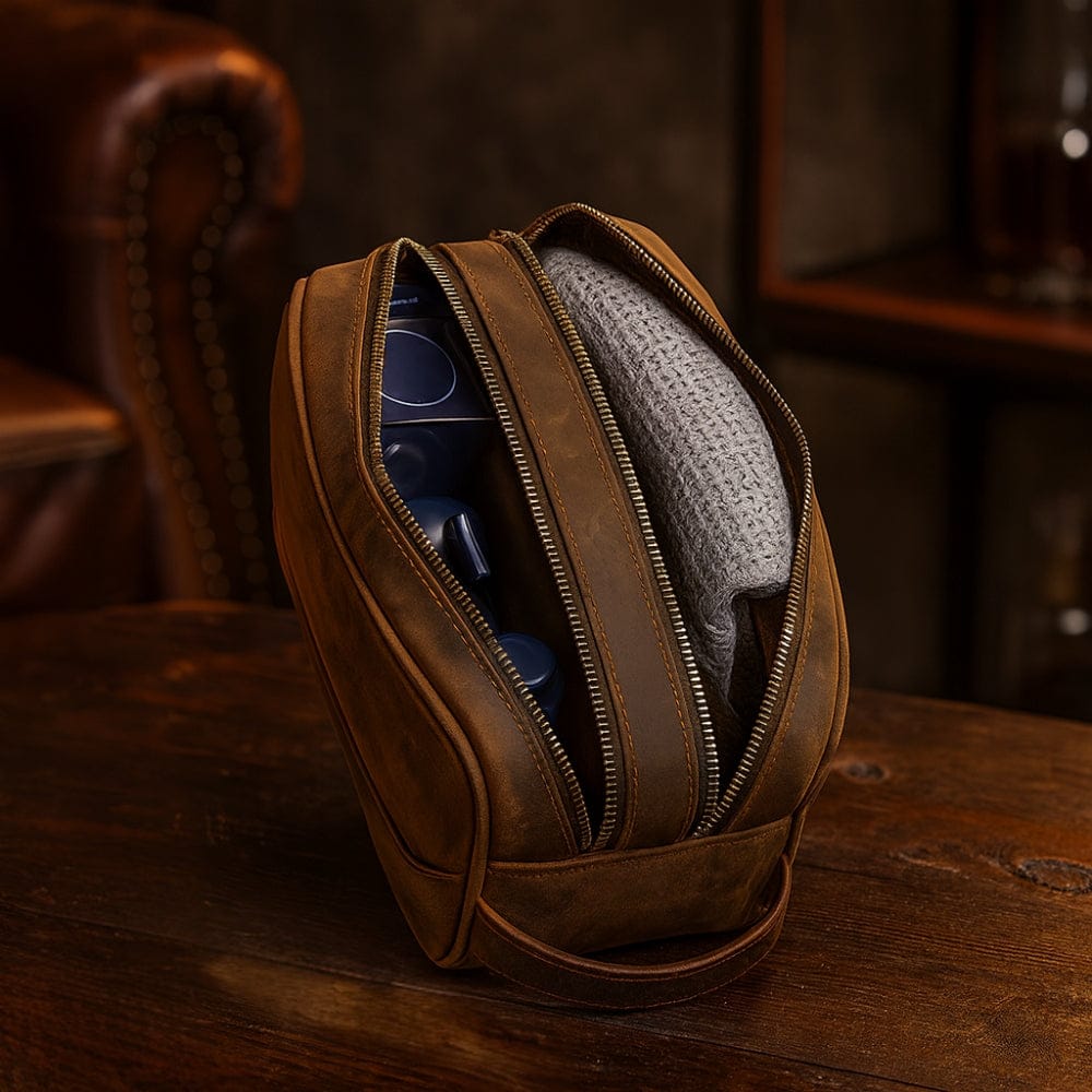 Grande trousse toilette cuir homme personnalisable compartiments ouverts