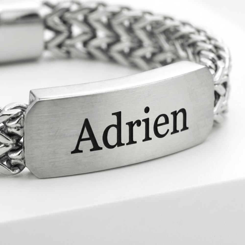 Gravure gourmette homme argent prénom acier inoxydable personnalisable