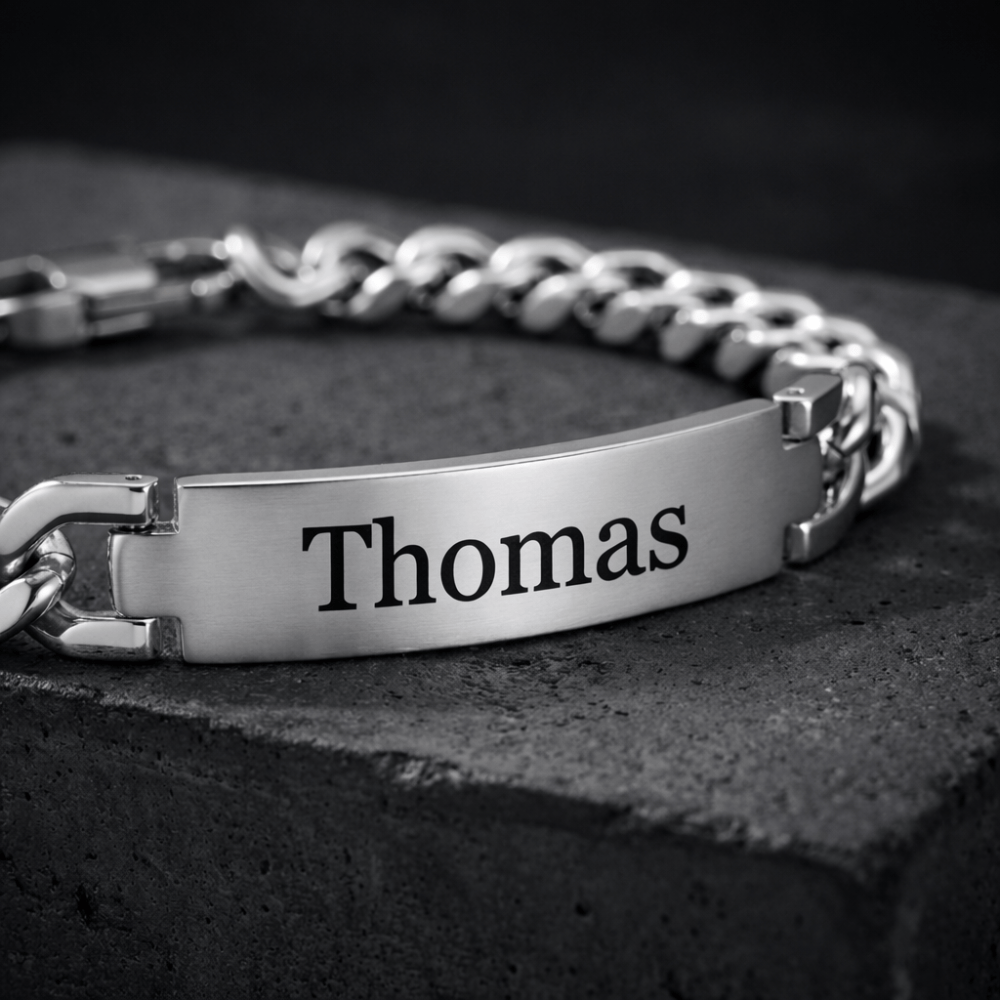 Gravure sur gourmette homme argent prénom acier inoxydable