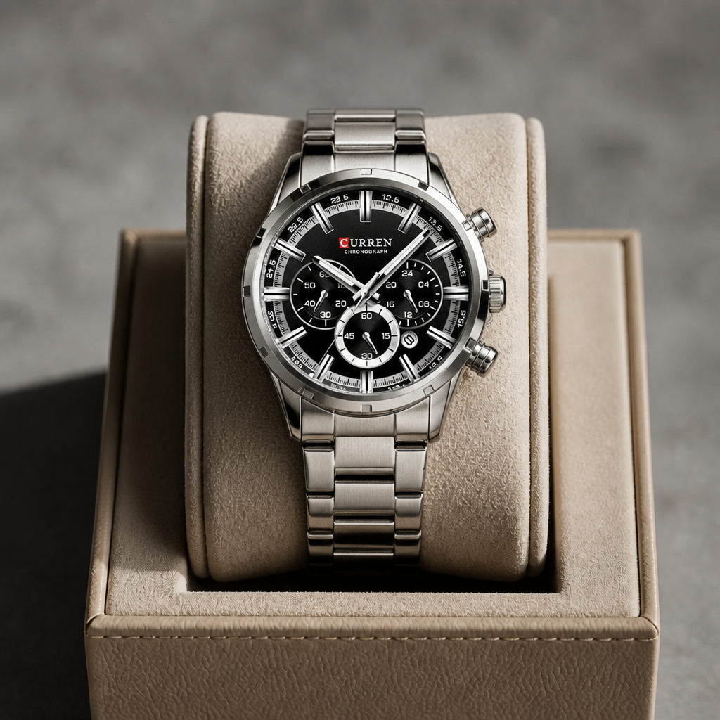 Montre homme argent à cadran noir posée dans son écrin en cuir beige