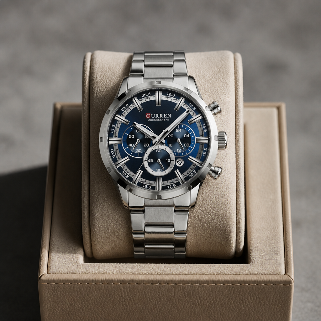 Montre homme argent à cadran bleu posée dans son écrin en cuir beige