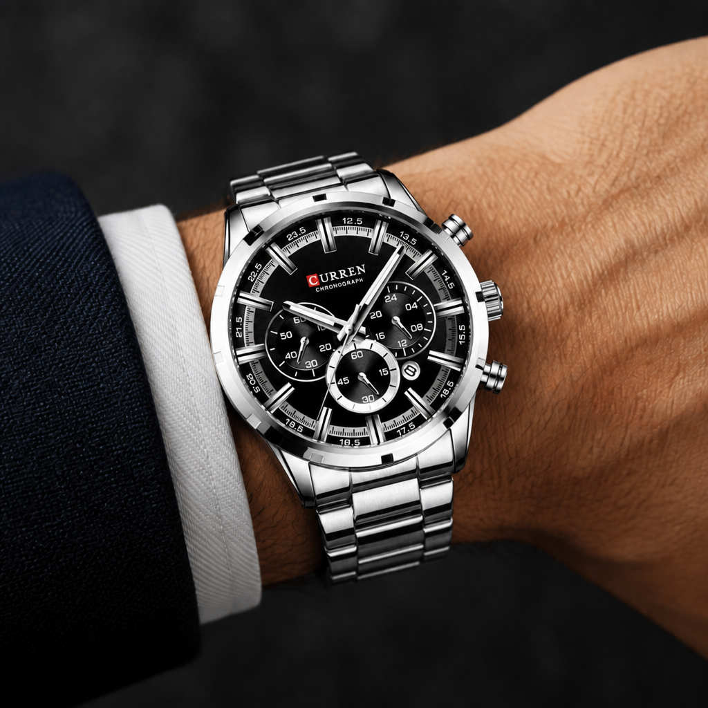 Grosse montre homme ronde chronographe argent à cadran noir portée au poignet