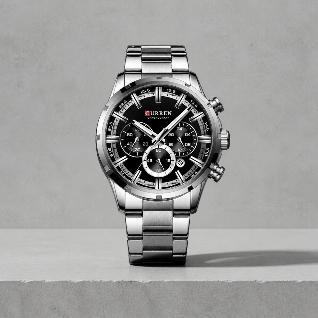 Grosse montre homme ronde chronographe argent à cadran noir sur dalle de béton