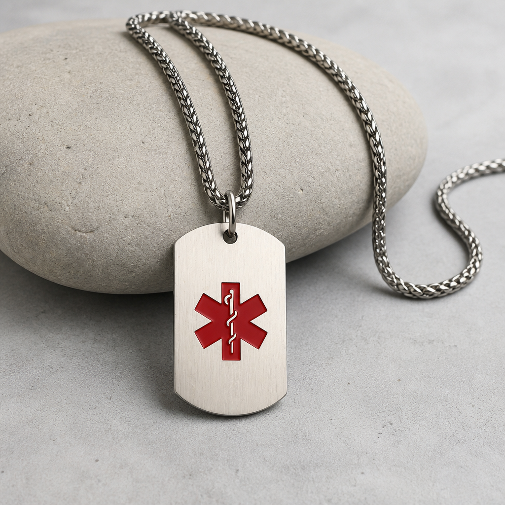 collier médical alerte étoile de vie acier inoxydable argent