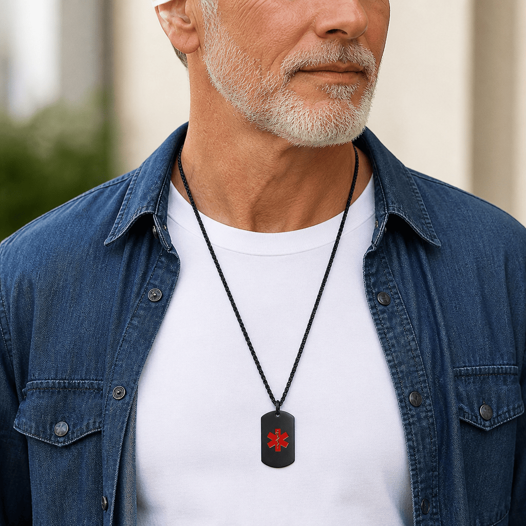 collier médical alerte homme acier noir porté symbole rouge