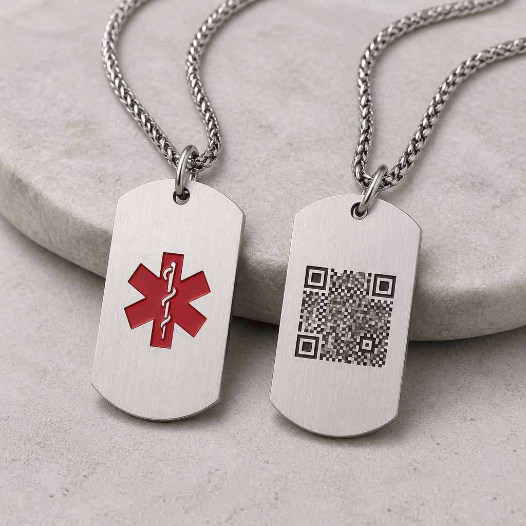 collier médical acier argent deux faces symbole étoile de vie et QR code gravé