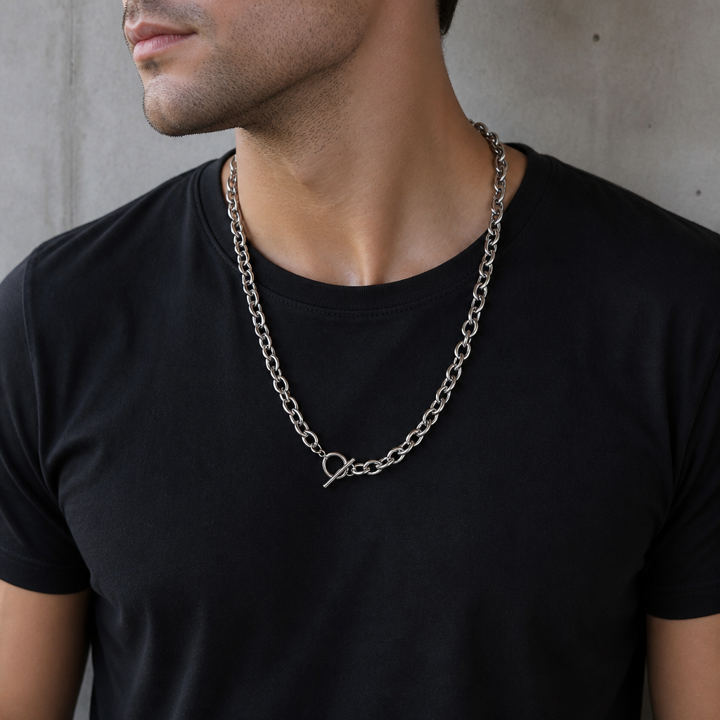 chaine maille forçat homme acier argent portée fermoir T