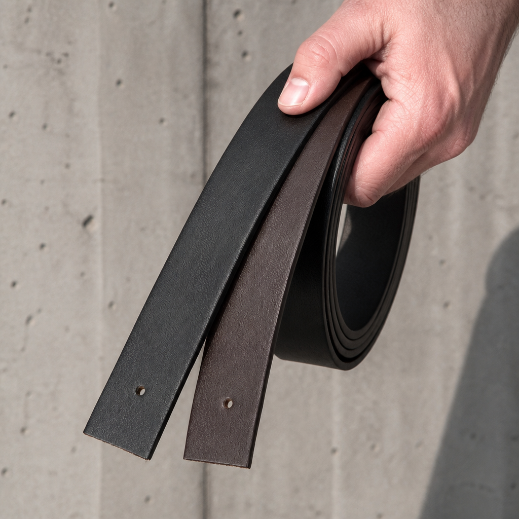 Extrémités percées des lanières de ceinture noire et marron tenues en main, sans boucle