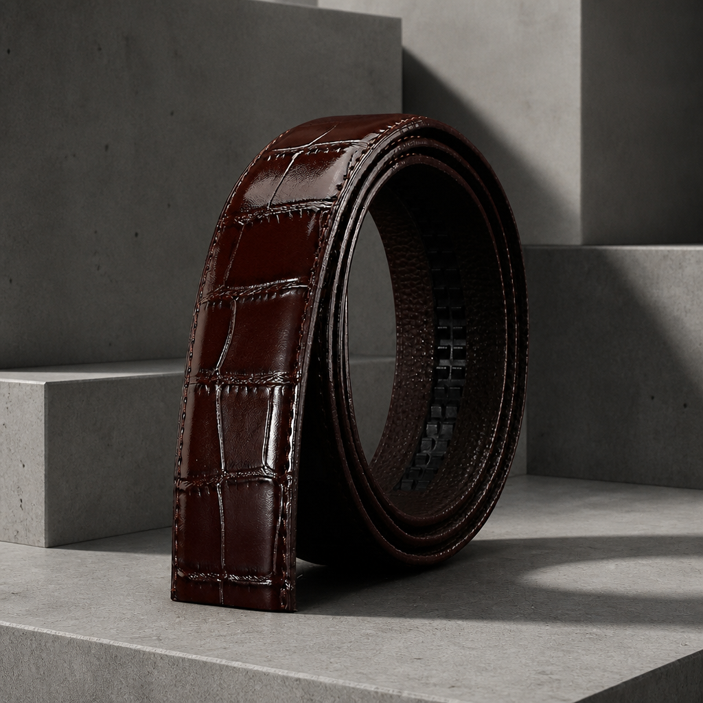 Même sangle en marron foncé, même grain et même crémaillère, sans boucle