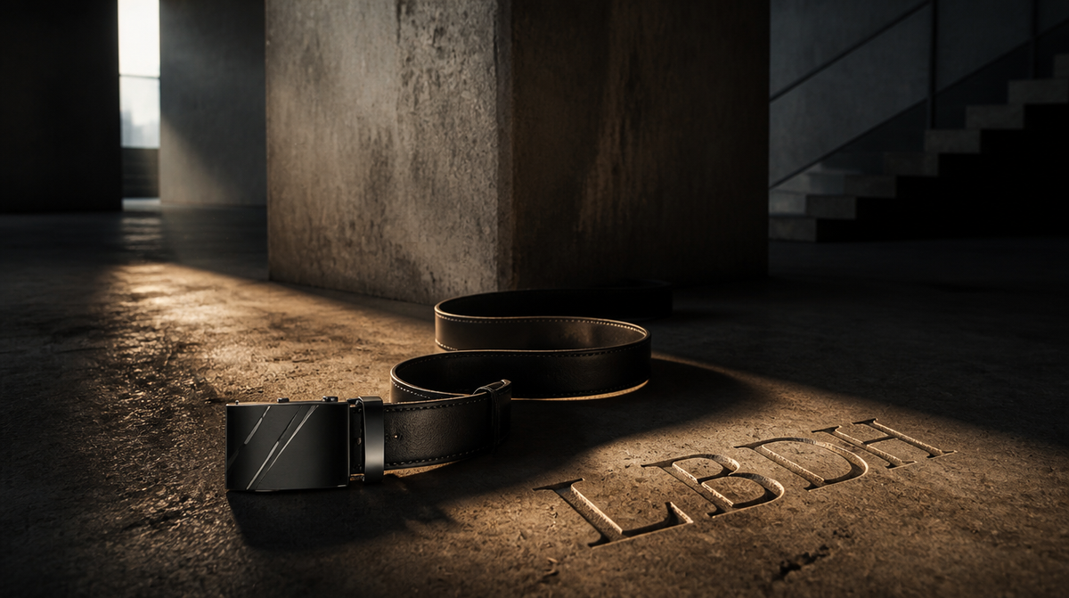 Ceinture homme en cuir noir déroulée sur le béton brut d'un hall brutaliste, faisceau de lumière chaude et LBDH gravé dans la dalle