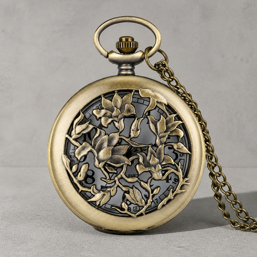 Couvercle ajouré d'une branche fleurie en relief sur la montre à gousset bronze Gabin