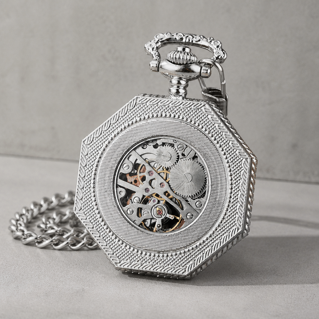 Fond vitré de la montre à gousset mécanique squelette homme argent