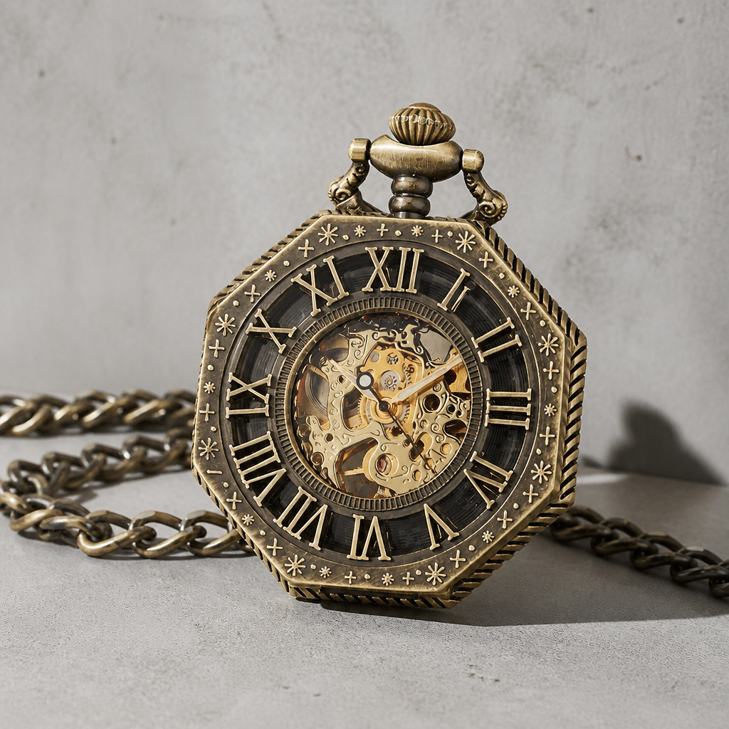 Montre à gousset mécanique squelette homme bronze fermée, couvercle ajouré à chiffres romains