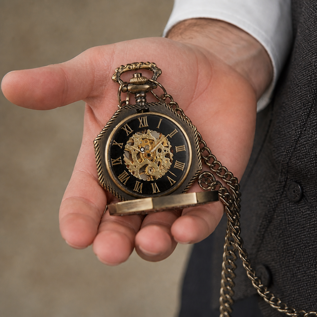 Montre à gousset mécanique squelette homme bronze tenue ouverte dans la paume, modèle Casimir