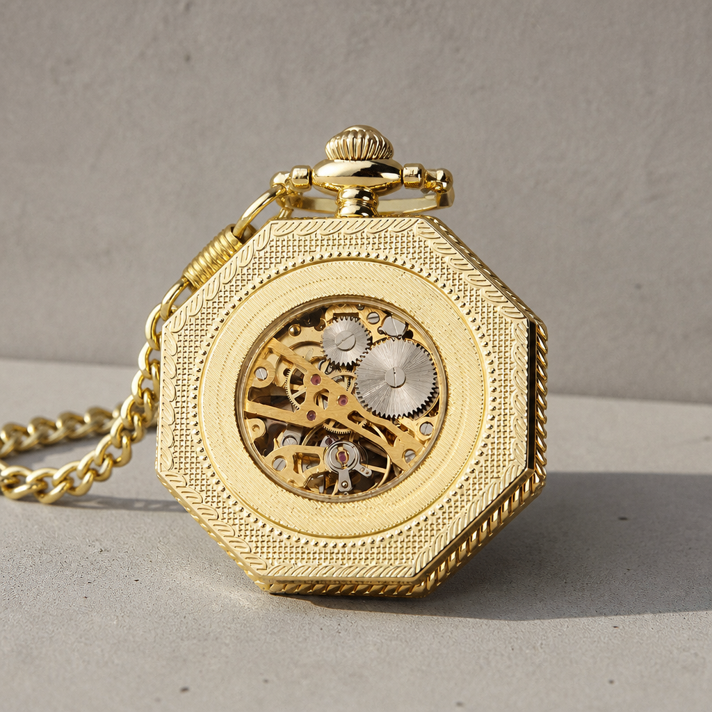 Fond vitré de la montre à gousset mécanique squelette homme dorée