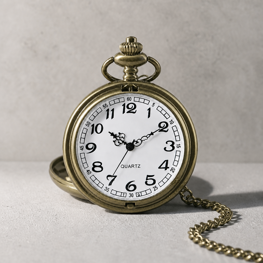 Montre à gousset moderne homme bronze ouverte, cadran blanc à chiffres arabes