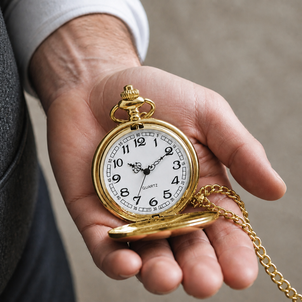 Montre à gousset moderne homme dorée tenue ouverte dans la paume, modèle Côme