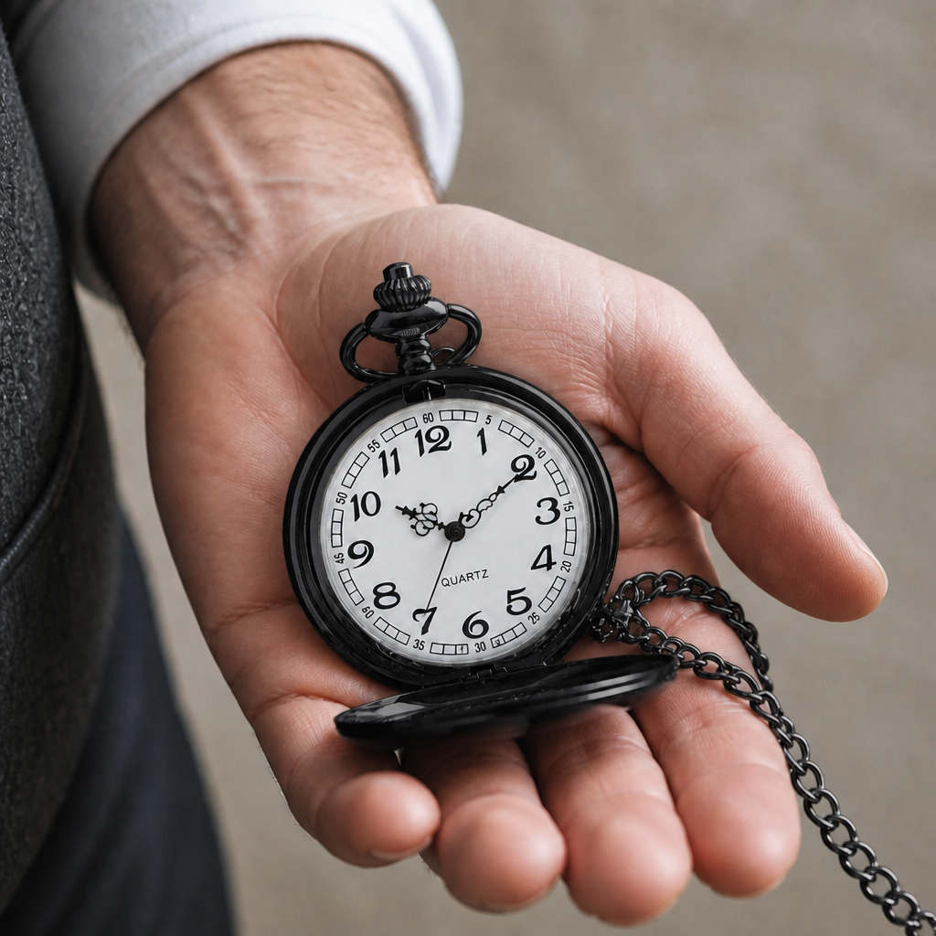 Montre à gousset moderne homme noire tenue ouverte dans la paume, modèle Côme