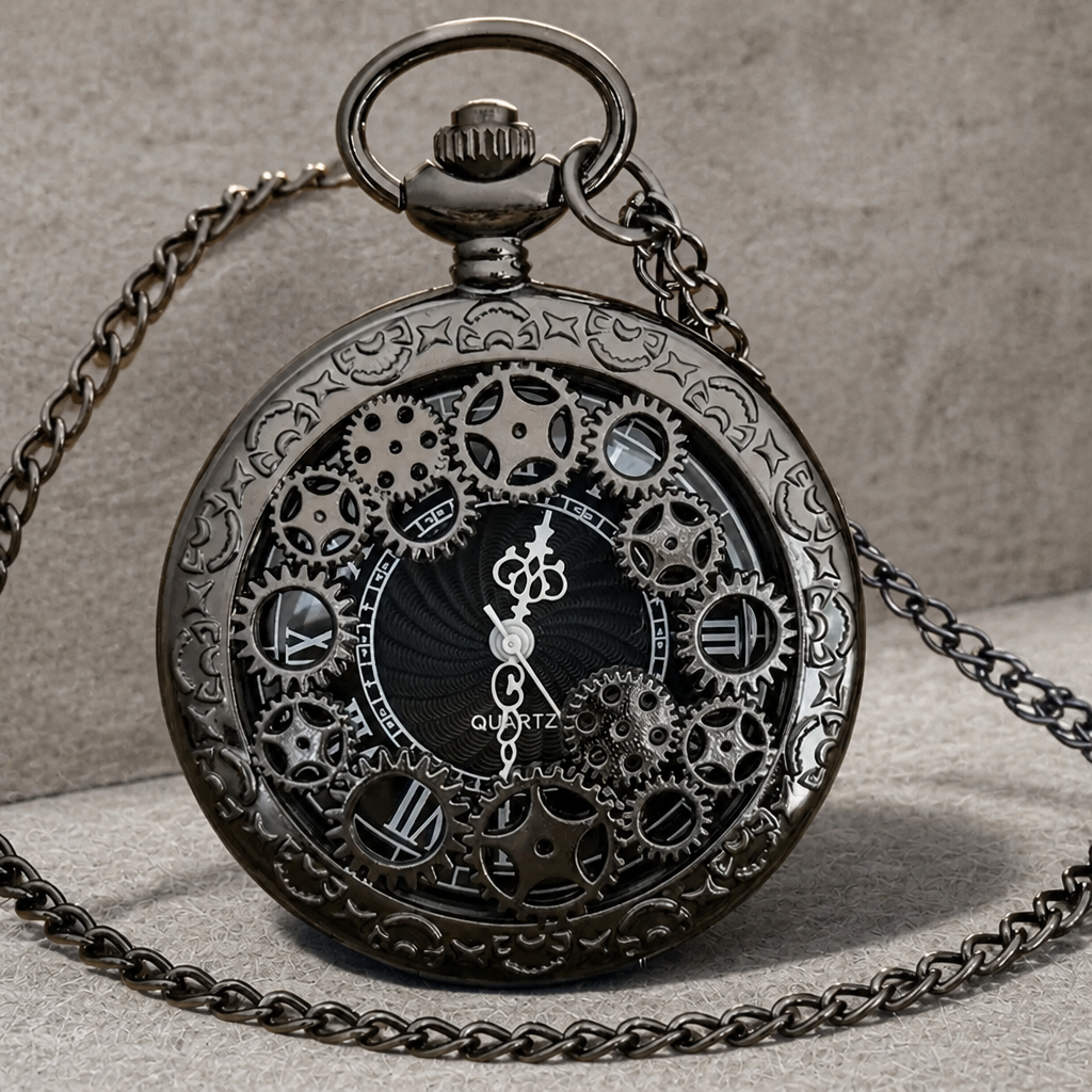 Montre à gousset quartz noire fermée, couvercle ajouré de roues dentées