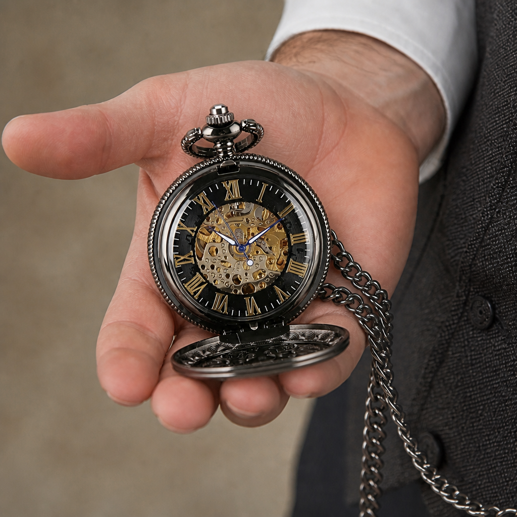 Montre à gousset squelette noire homme tenue ouverte dans la paume, modèle Théodore