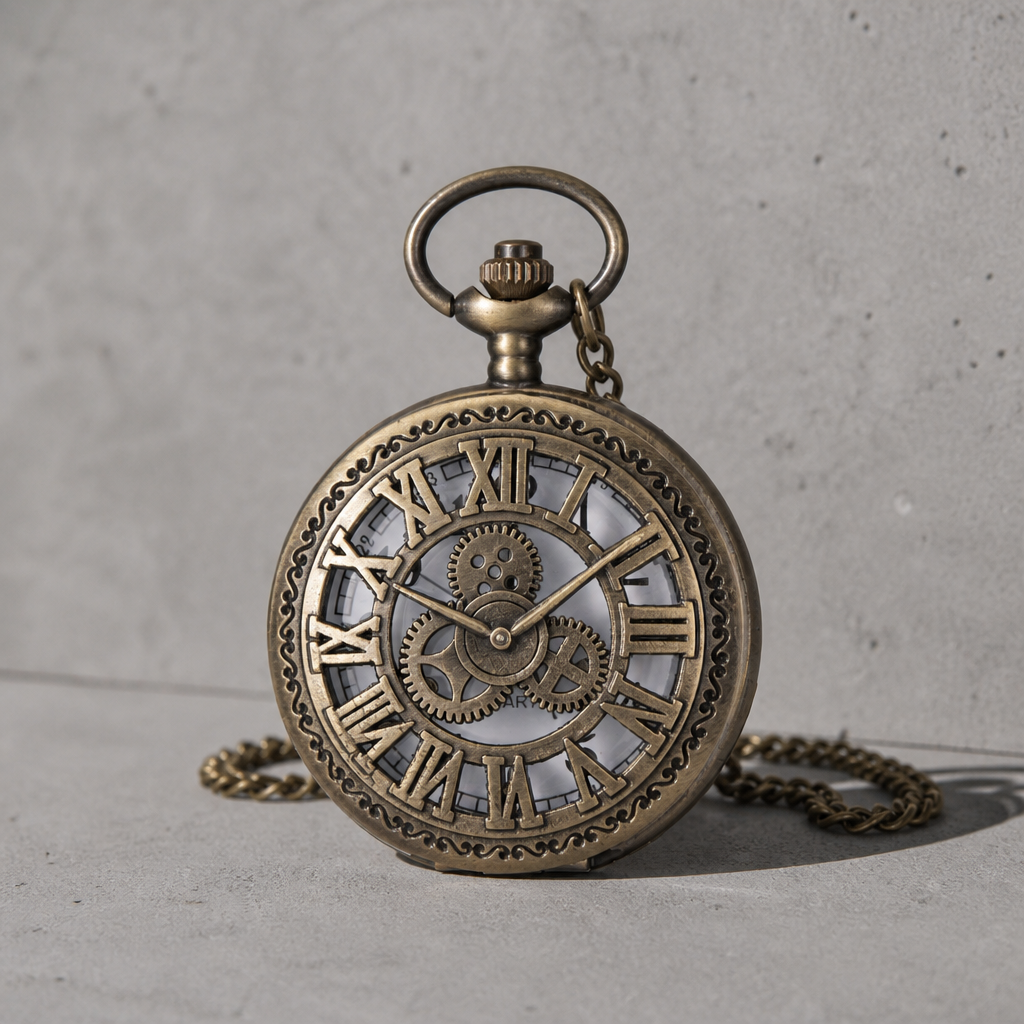 Montre à gousset steampunk homme fermée, couvercle ajouré de chiffres romains et d'engrenages