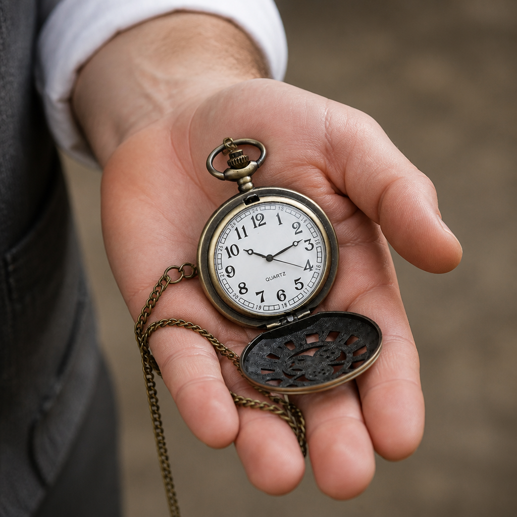 Montre à gousset steampunk homme tenue ouverte dans la paume, modèle Ferdinand