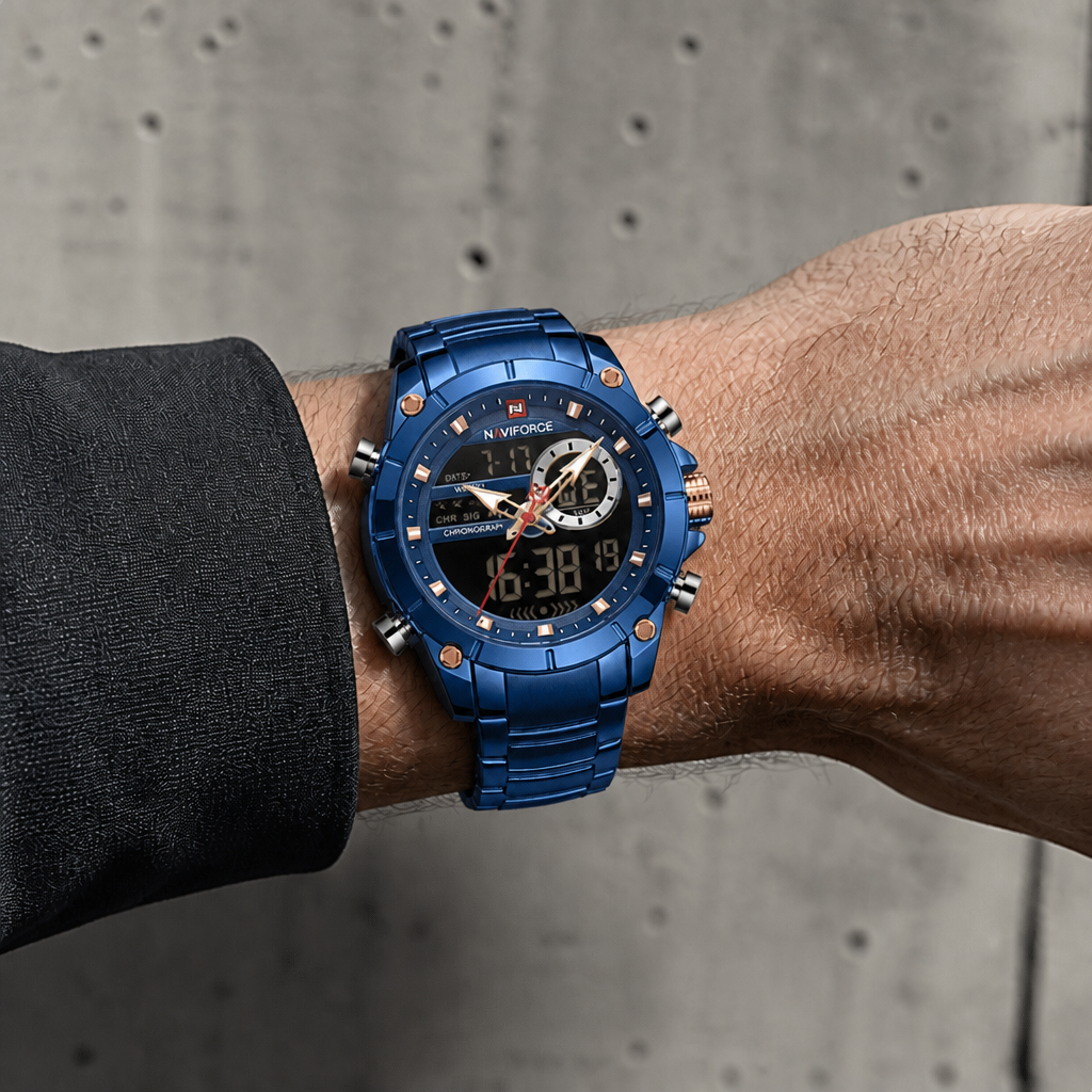 Montre affichage digital homme bleue portée au poignet