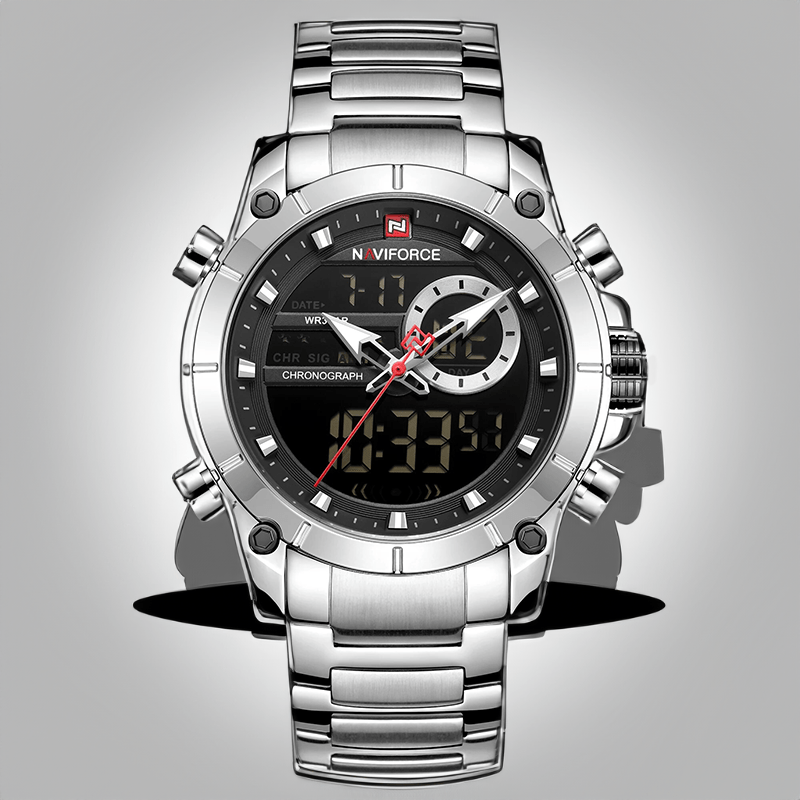Montre affichage digital homme argentée, double affichage et bracelet à maillons