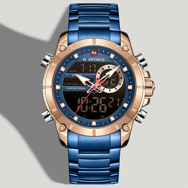 Montre affichage digital homme bleue à lunette or rose, cadran chronographe