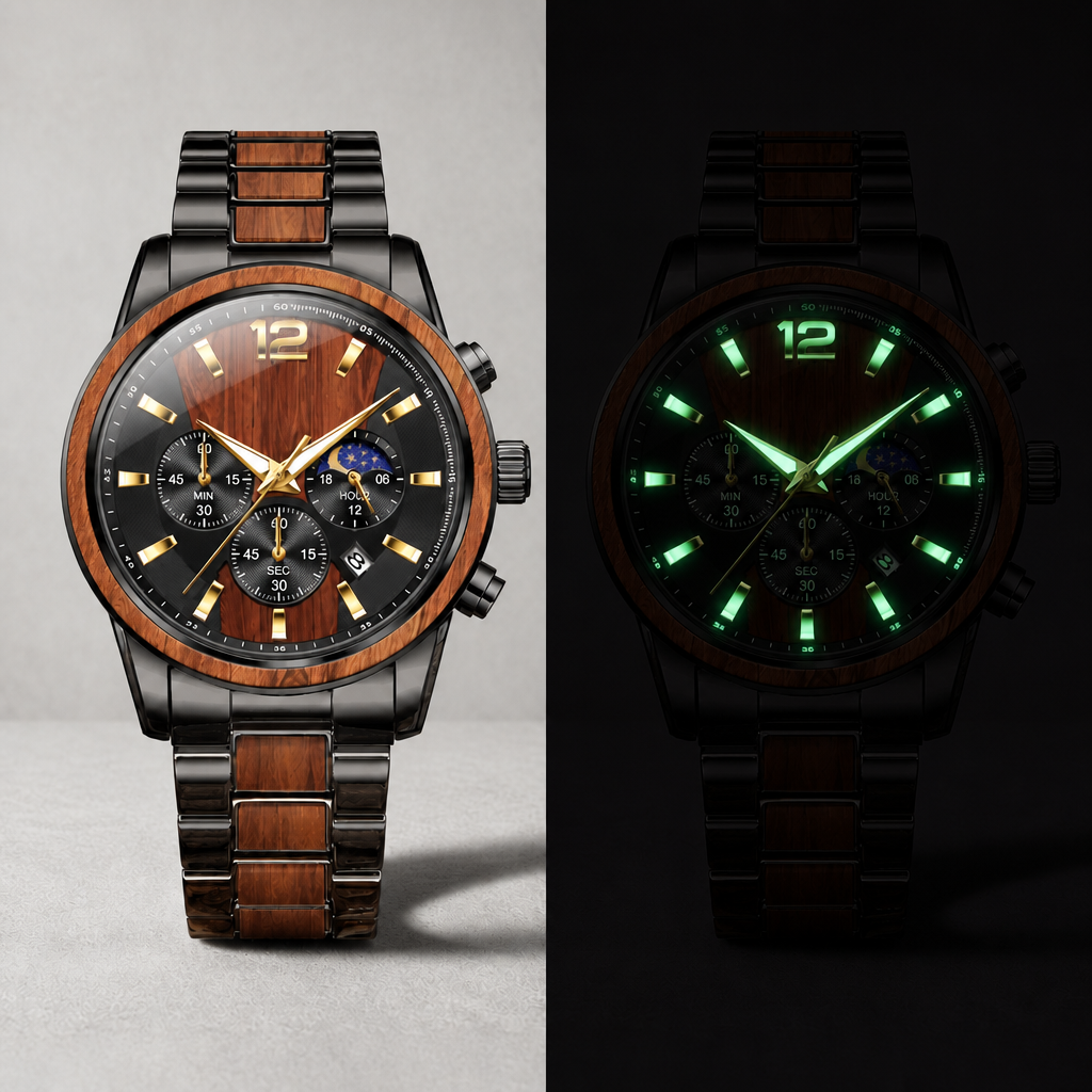 Aiguilles et index lumineux de la montre bicolore, de jour et dans le noir