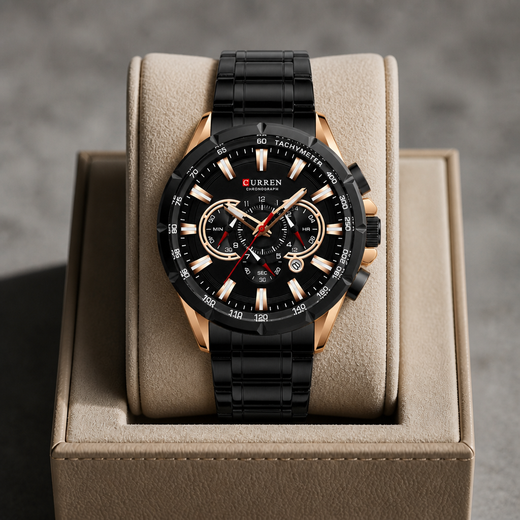 Montre bracelet acier homme noire et or rose posée dans son écrin en cuir beige