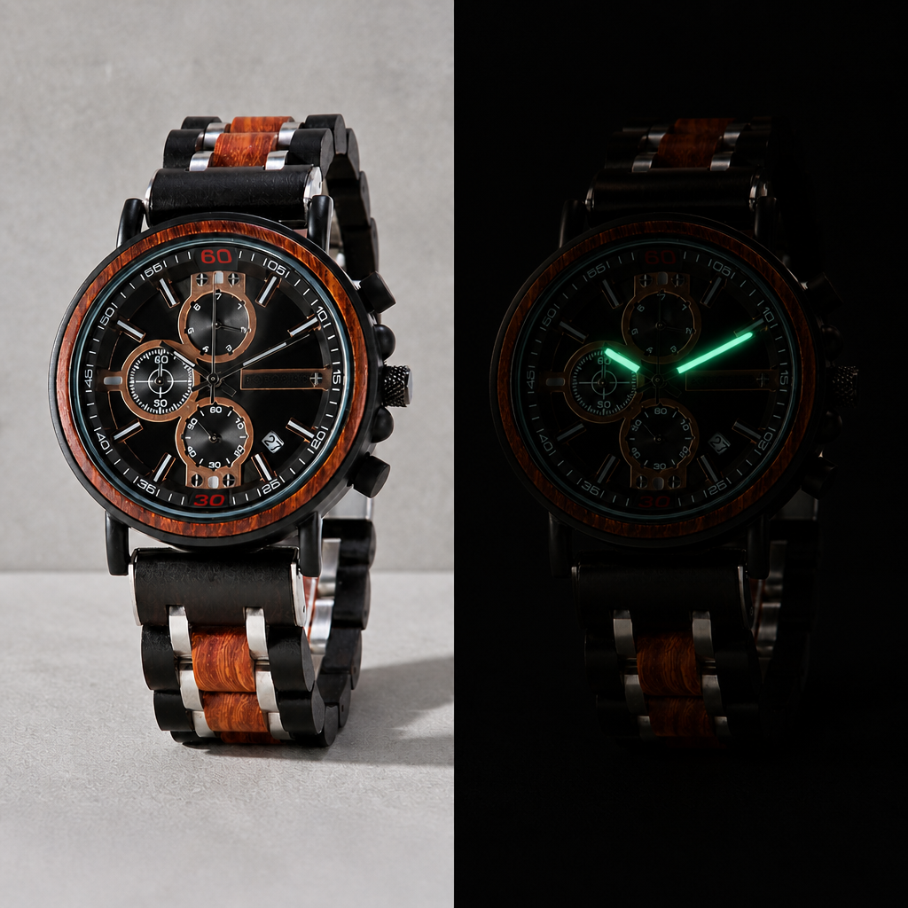 Aiguilles lumineuses de la montre bracelet bois homme, de jour et dans le noir