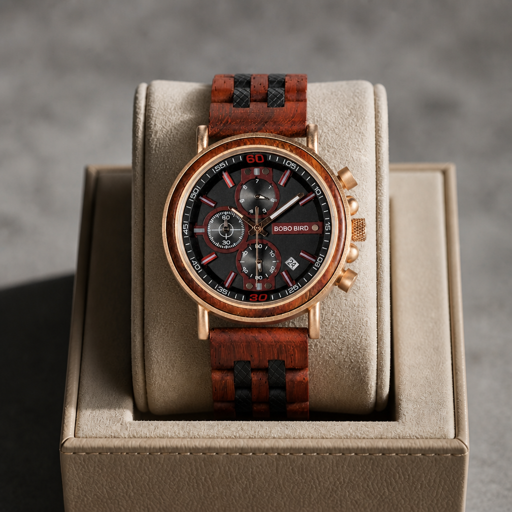 Montre bracelet bois homme en santal rouge posée dans son écrin en cuir beige