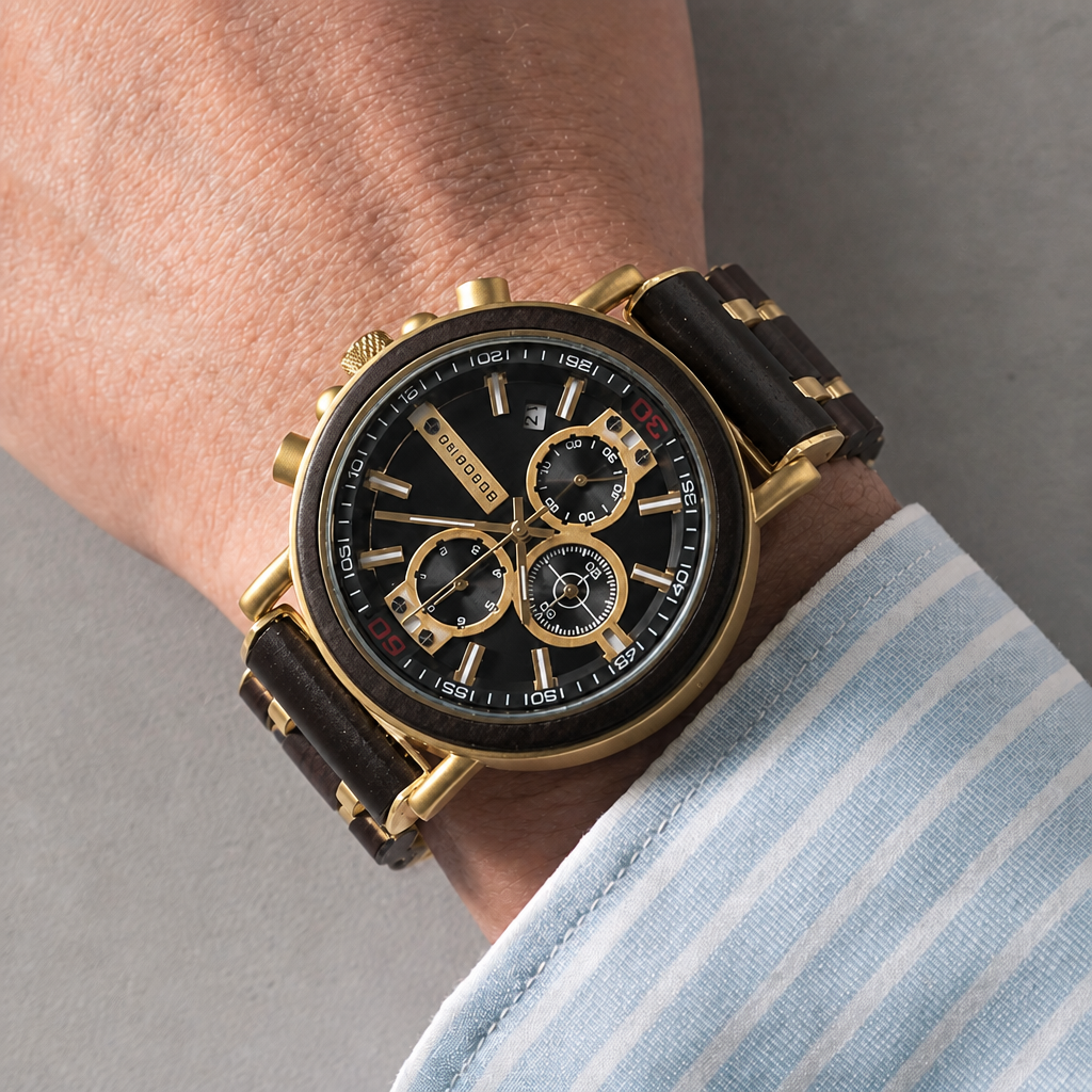 Montre bracelet bois homme portée au poignet, finition noir et or