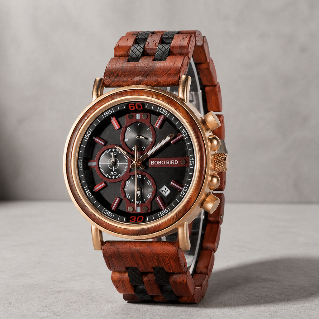 Montre bracelet bois homme chronographe en santal rouge, compteurs cerclés de rouge