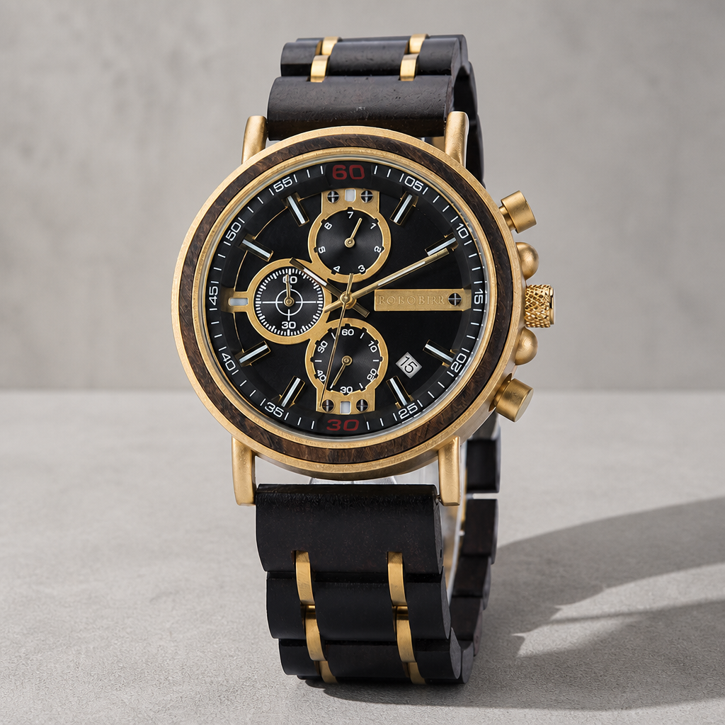 Montre bracelet bois homme chronographe en ébène et métal doré