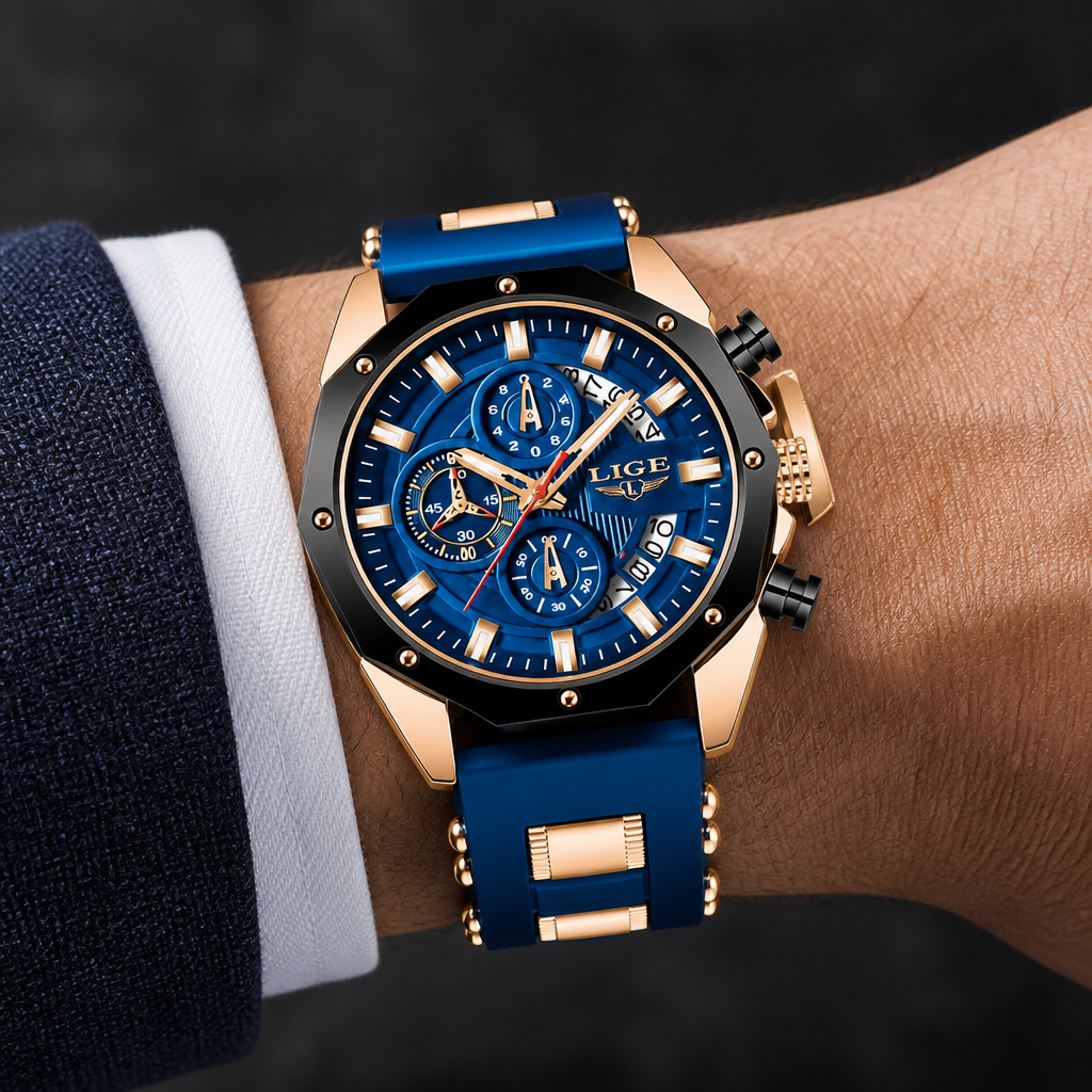 Montre bracelet silicone homme chronographe bleue portée au poignet sous une manchette de chemise