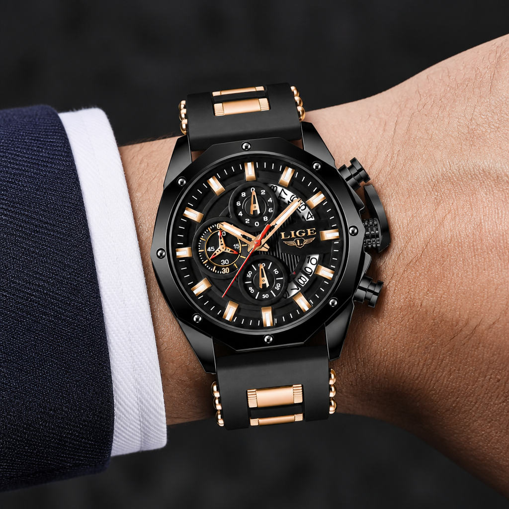 Montre bracelet silicone homme chronographe noire et or rose portée au poignet