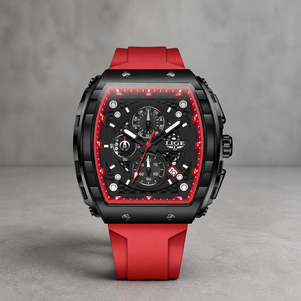 Montre tonneau chronographe noire à accents rouges sur fond de béton gris clair