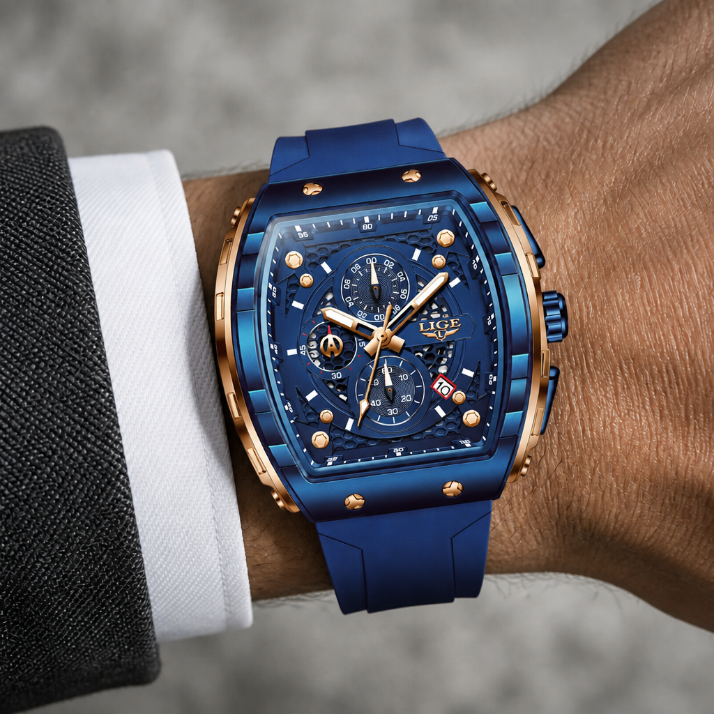 Montre tonneau à cadran bleu et or rose portée au poignet
