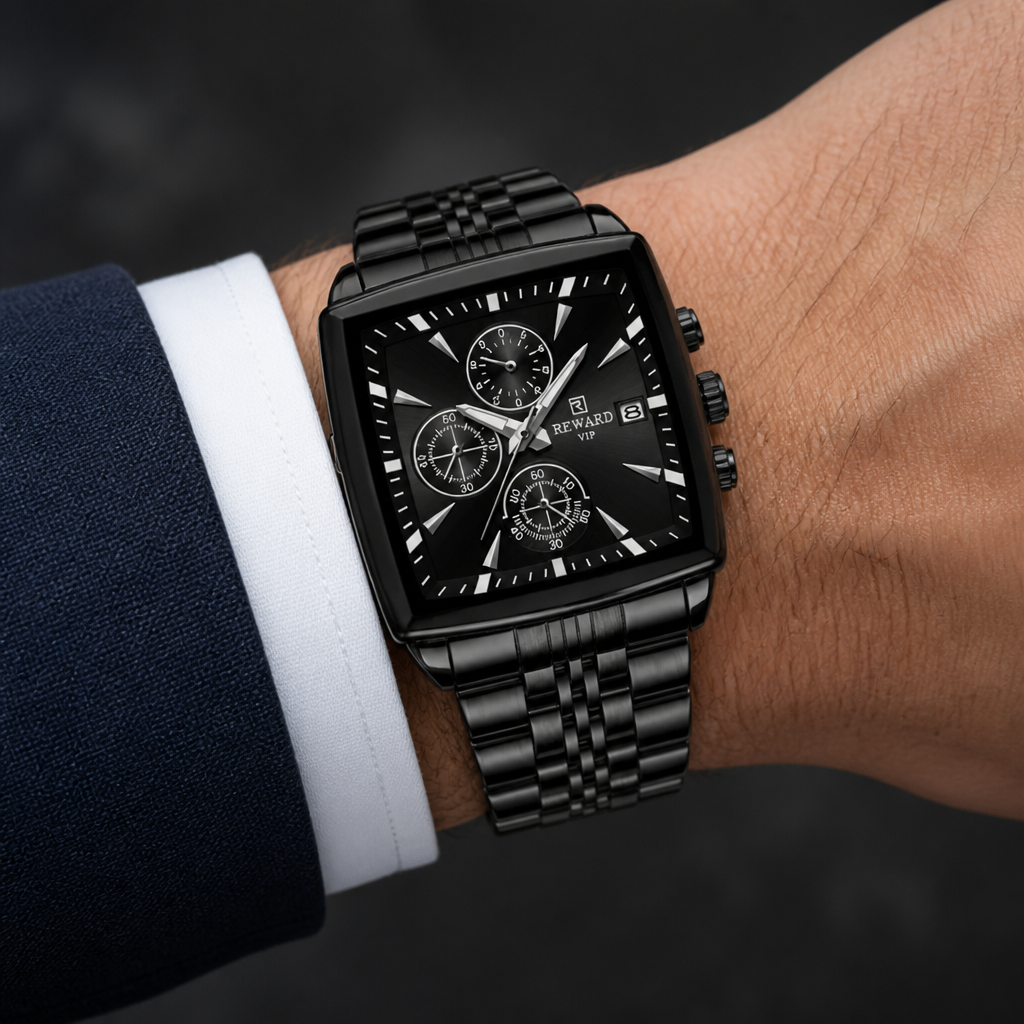 Montre carrée homme chronographe tout noir portée au poignet