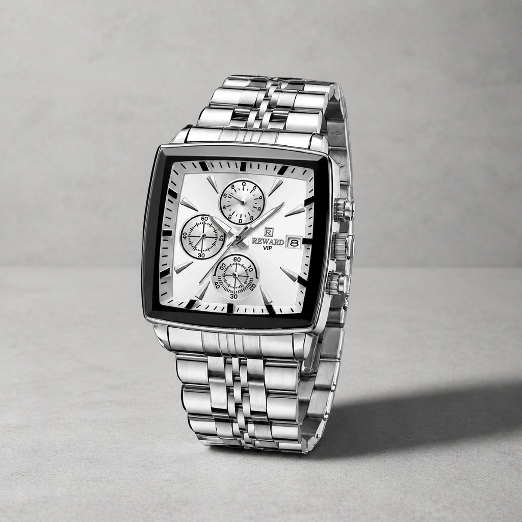 Montre carrée homme chronographe argent à cadran blanc sur dalle de béton