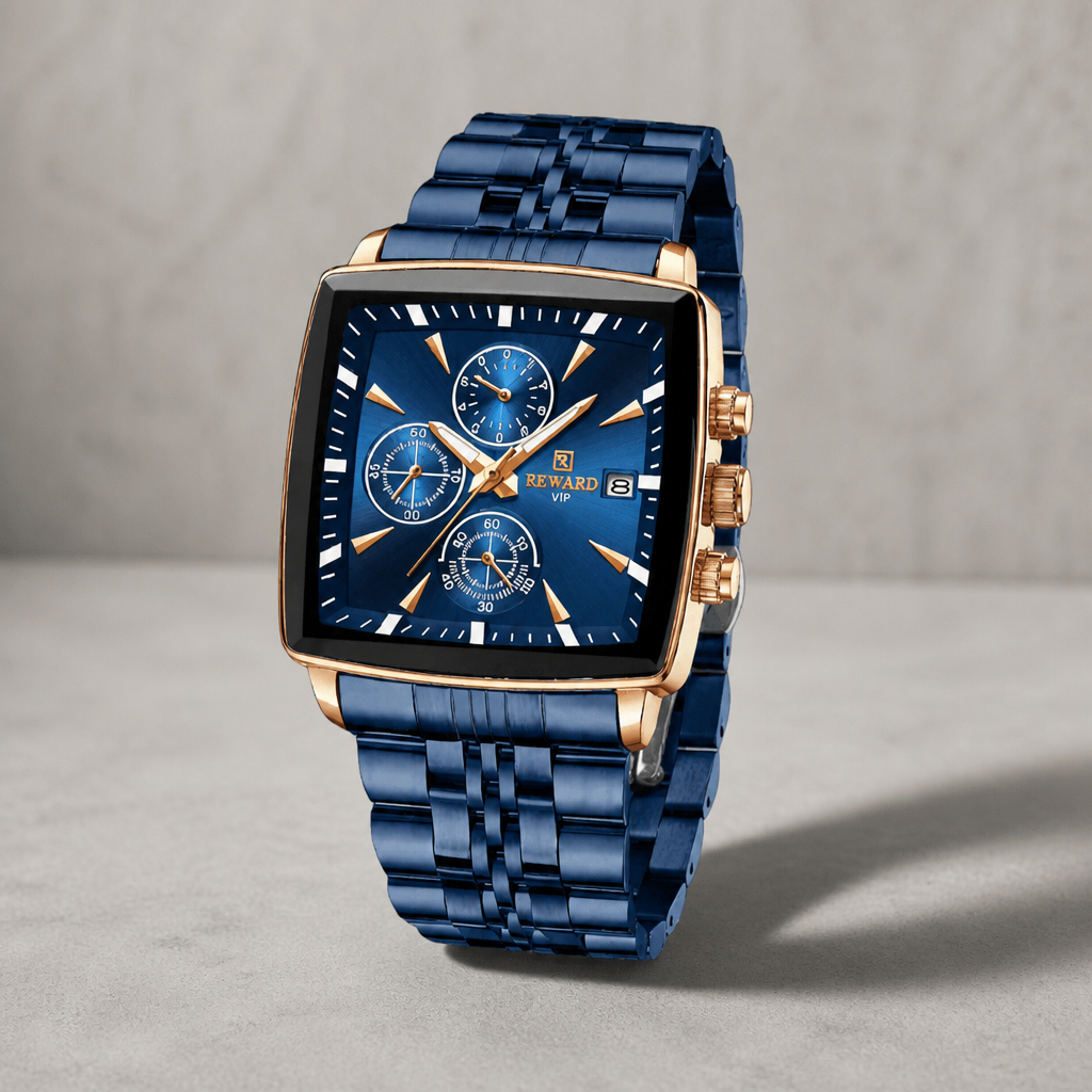 Montre carrée homme chronographe bleu nuit et or rose sur dalle de béton