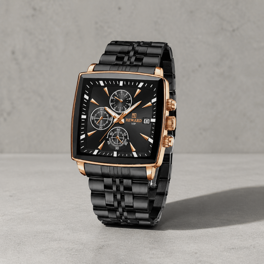 Montre carrée homme chronographe noire et or rose sur dalle de béton