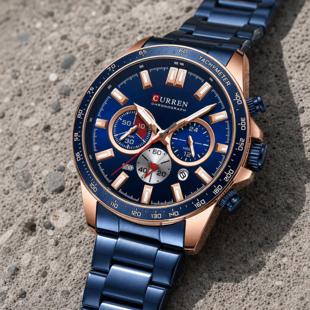 Détail de la lunette tachymétrique gravée et du boîtier or rose sur la montre bleue