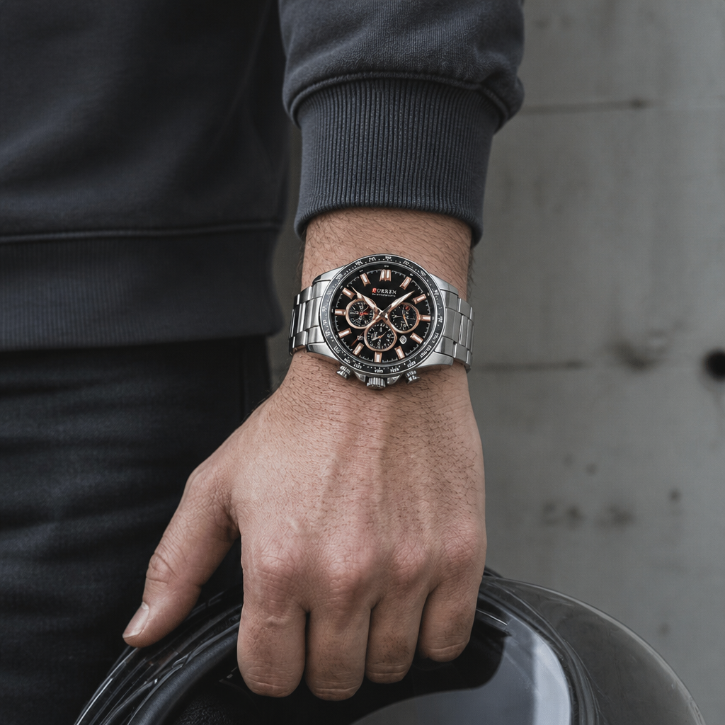Montre chronographe homme acier à cadran noir portée au poignet, main posée sur un casque